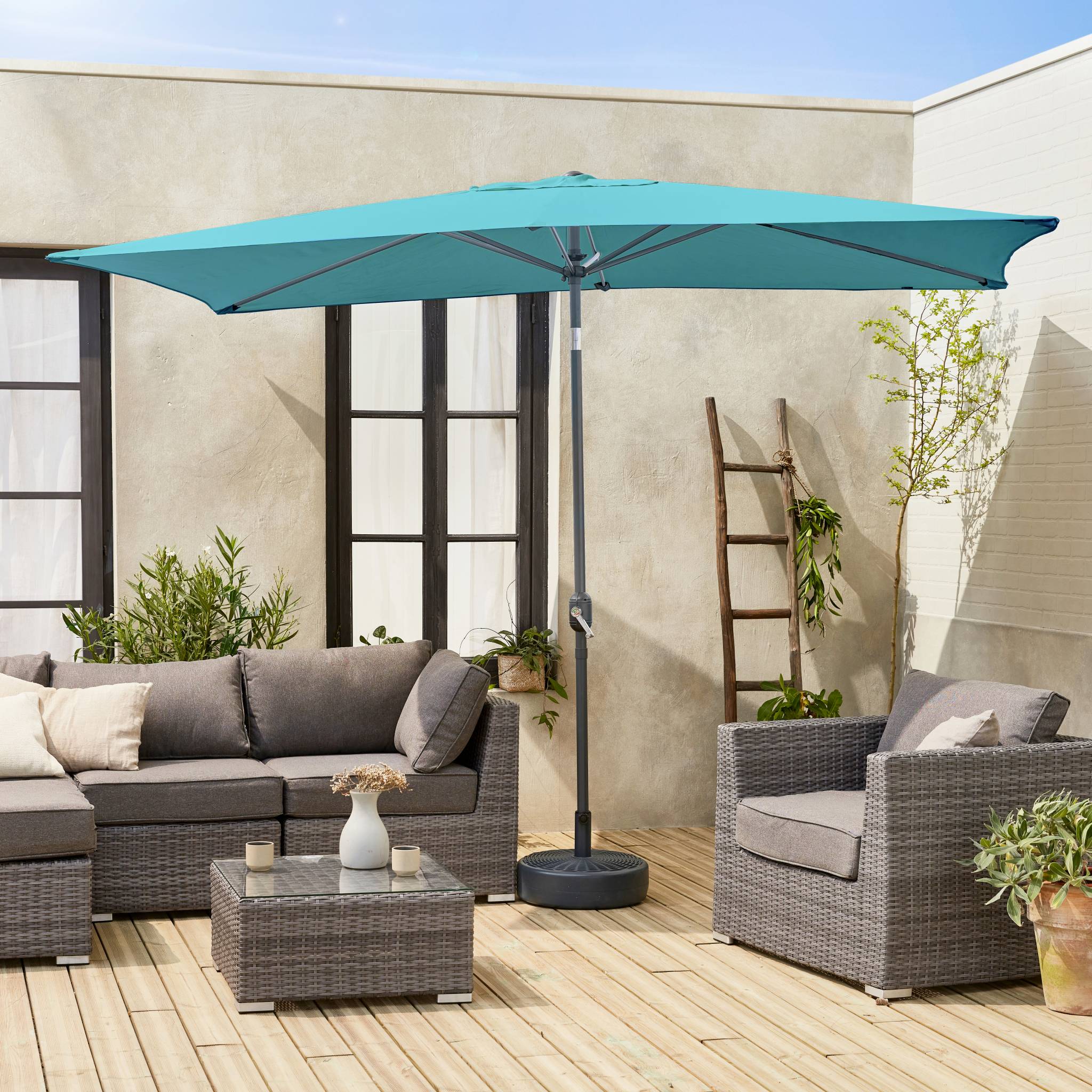 Parasol droit rectangulaire 2x3m - Touquet Turquoise - mât central en aluminium orientable et manivelle d'ouverture