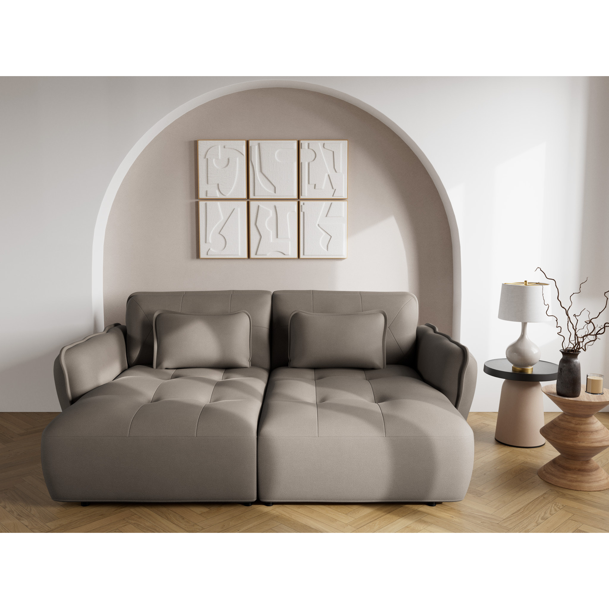 Thais - canapé droit 4 places avec double méridienne assise profonde en tissu texturé - Gris clair