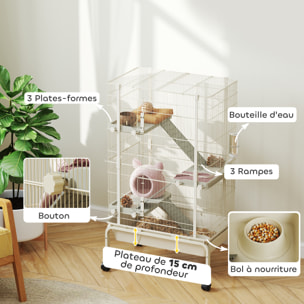 Cage mobile hamster rongeur furet 4 niveaux - 2 portes 3 rampes bac profond roulettes gamelle biberon - 69 x 44 x 120 cm - beige
