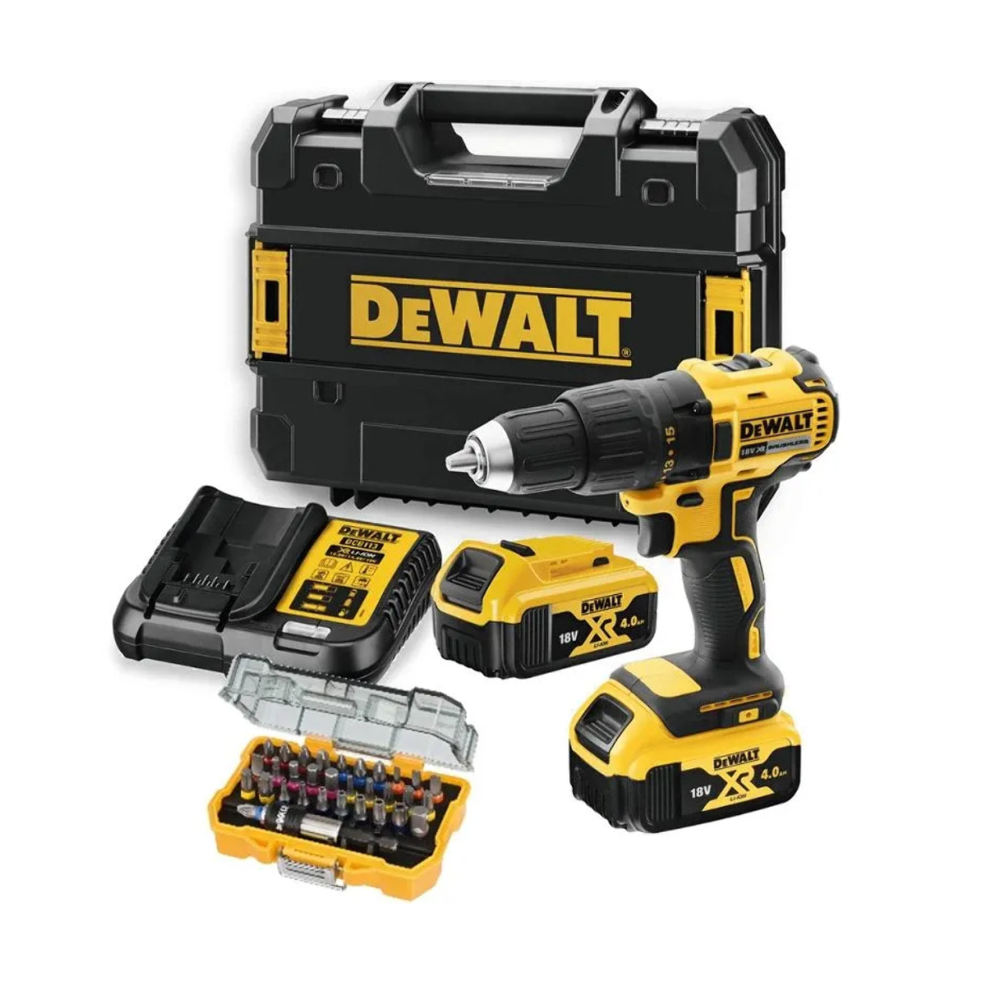 Perceuse visseuse 18V XR - DEWALT - avec 2 batteries 18v 4.0Ah + chargeur + coffret d'embouts 32pcs + coffret Tstak - DCD777M2TA