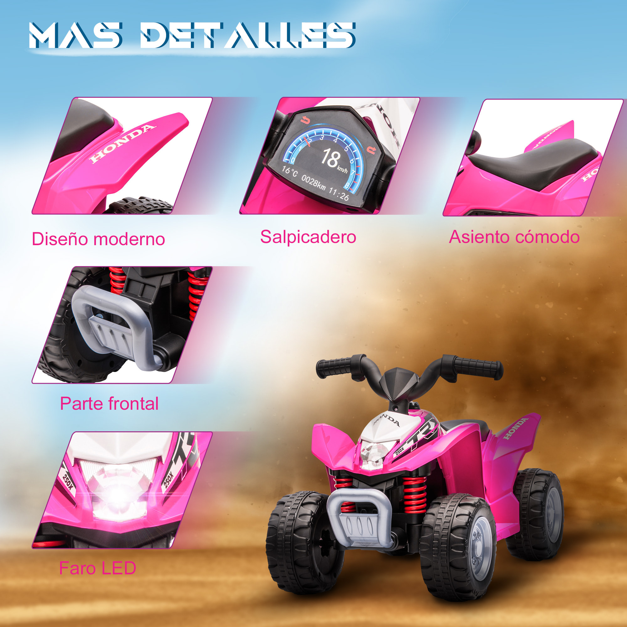 Quad Eléctrico para Niños de 18-36 Meses con Licencia HONDA Vehículo Eléctrico a Batería 6V Infantil con Faros LED Bocina Velocidad de 2,8 km/h y Avance 65,5x38,5x43,5 cm Rosa