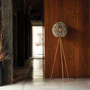 Lampadaire en lin taupe pied en teck h163cm BULAT