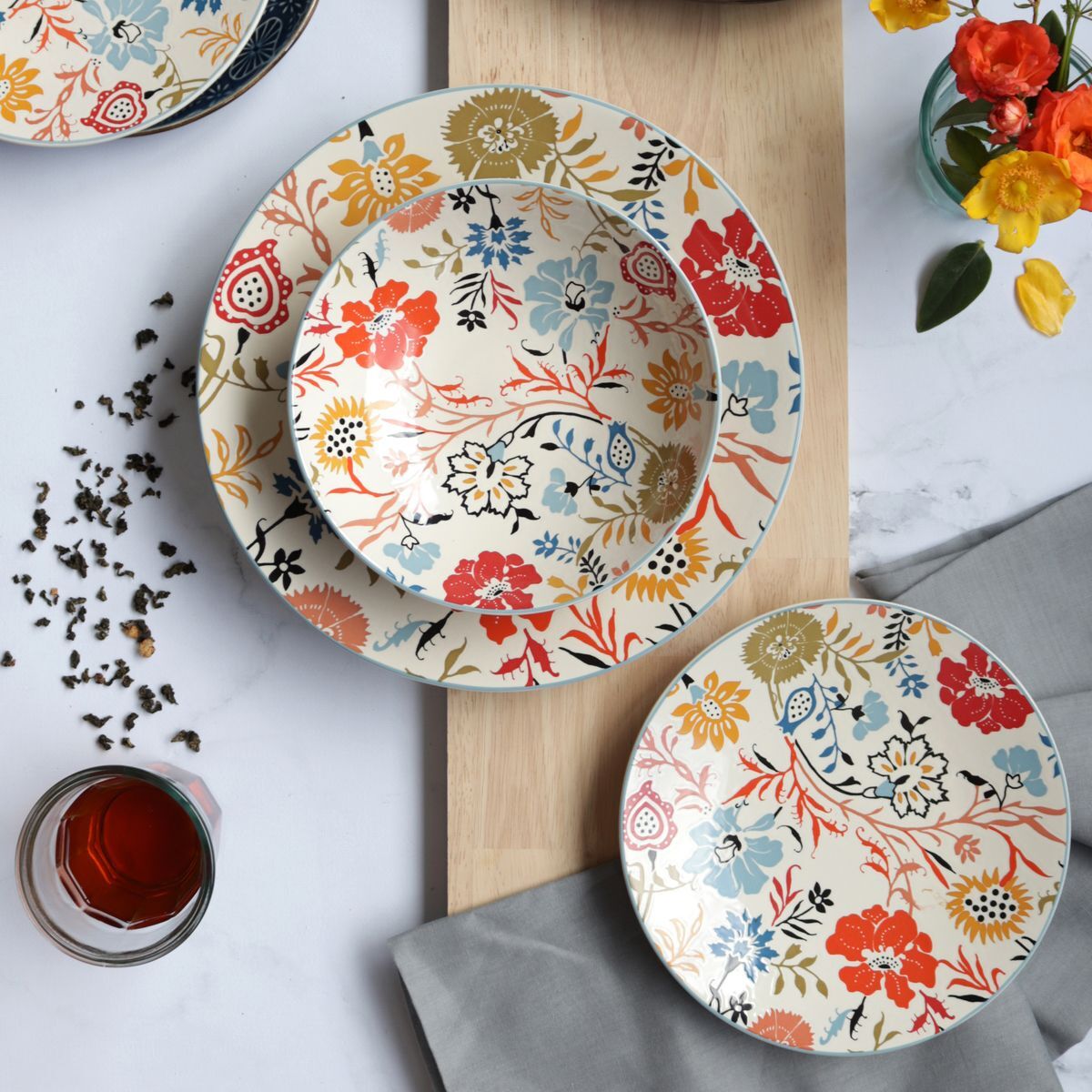 Lot de 6 assiettes plates florales en grès  27cm JAIPUR