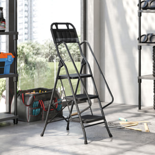 Escalera Plegable de 3 Peldaños con Bolsa de Herramientas, Escalera de Tijera, Carga 150 kg, con Peldaños Anchos Antideslizantes, Bloqueo de Seguridad, Apoyabrazos, Negro