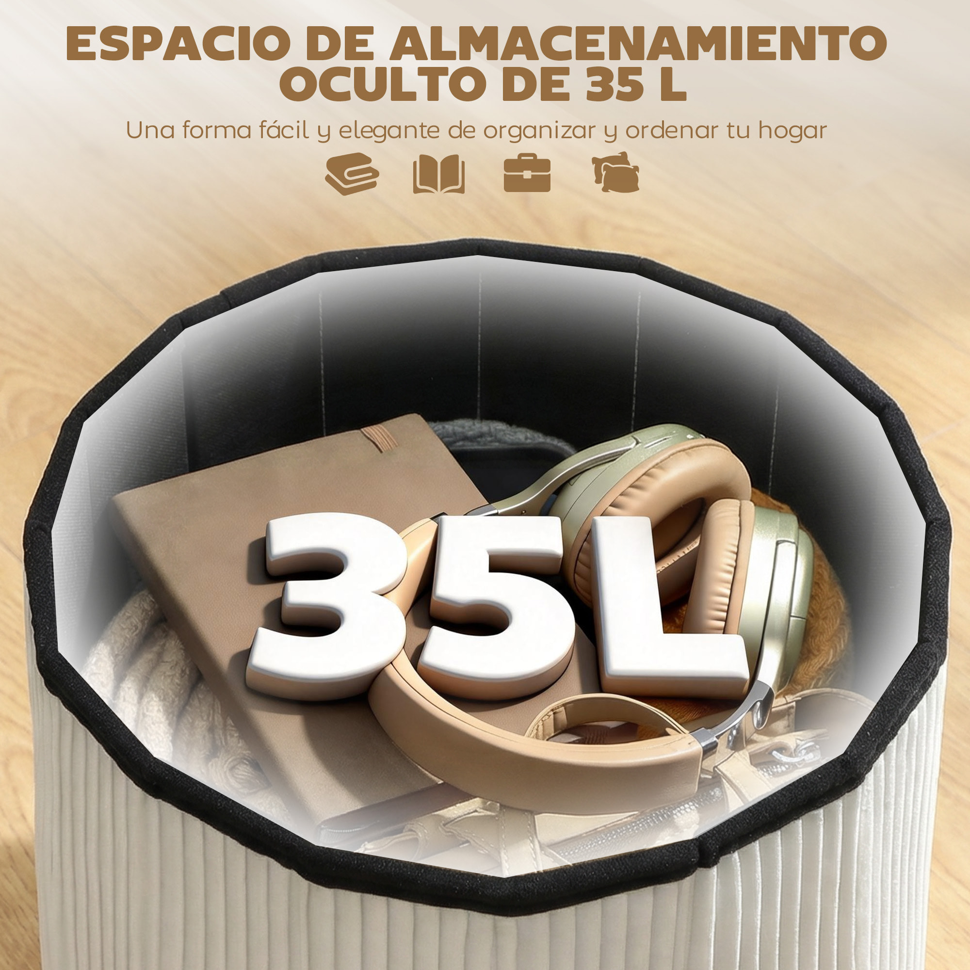 Puff Almacenaje, Banco Almacenaje Plegable, 35 L, 38x38x38 cm, Tapizado en Terciopelo, Baúl de Almacenamiento Redondo, Carga 120 kg, Taburete para Sala de Estar, Dormitorio, Entrada, Crema