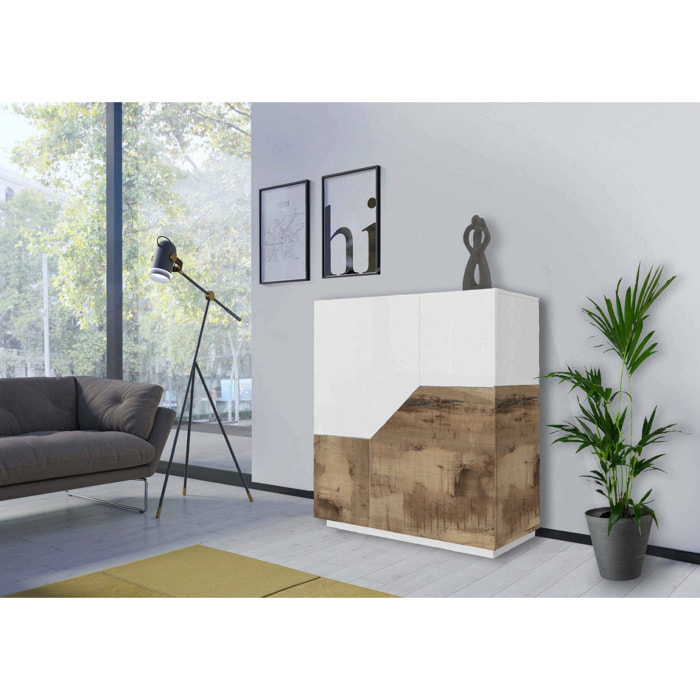 Credenza moderna a 2 ante geometriche, Made in Italy, Madia da ingresso, Buffet di design da soggiorno, Cm 100x43h106, Bianco lucido e Acero