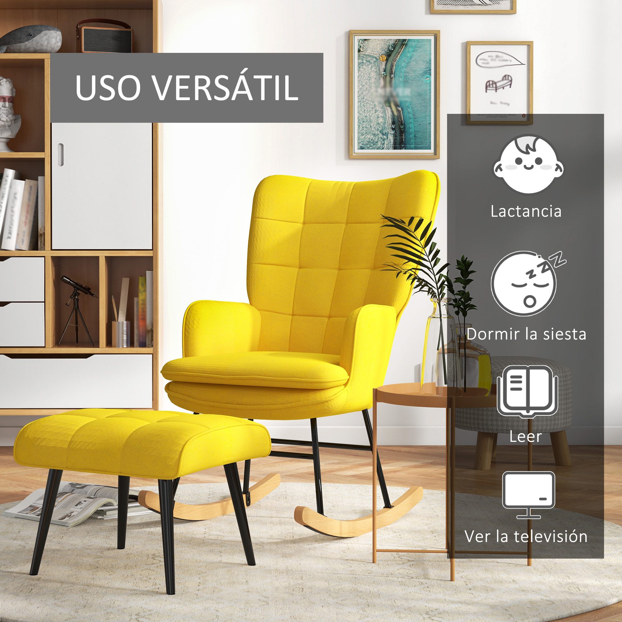 Silla Mecedora con Reposapiés, Sillón de Relax, con Cojín Acolchado, Respaldo Alto, Reposabrazos y Patas de Madera, Carga 130 kg, para Salón, Dormitorio, Amarillo