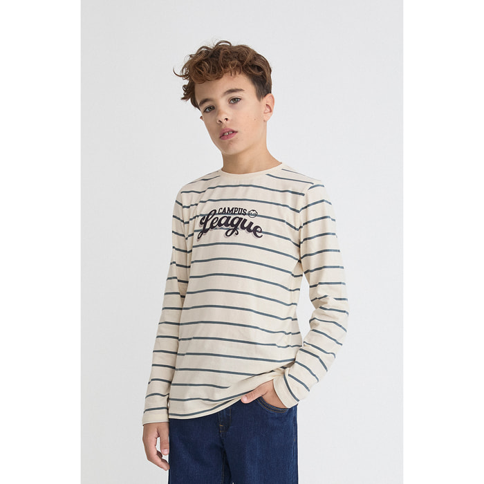 Camiseta niño crudo de manga larga de rayas finas, estampado Campus League, cómoda y casual | Color: Crudo | Street Monkey