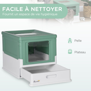 Maison de toilette pliable pour chat - tiroir à litière coulissant, porte battante et trappe transparente, pelle - blanc vert