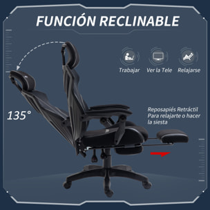 Vinsetto Silla Gaming con Reposapiés Retráctil Silla de Oficina Giratoria Reclinable con Reposacabezas y Altura Ajustable 65x65x119-129 cm Negro