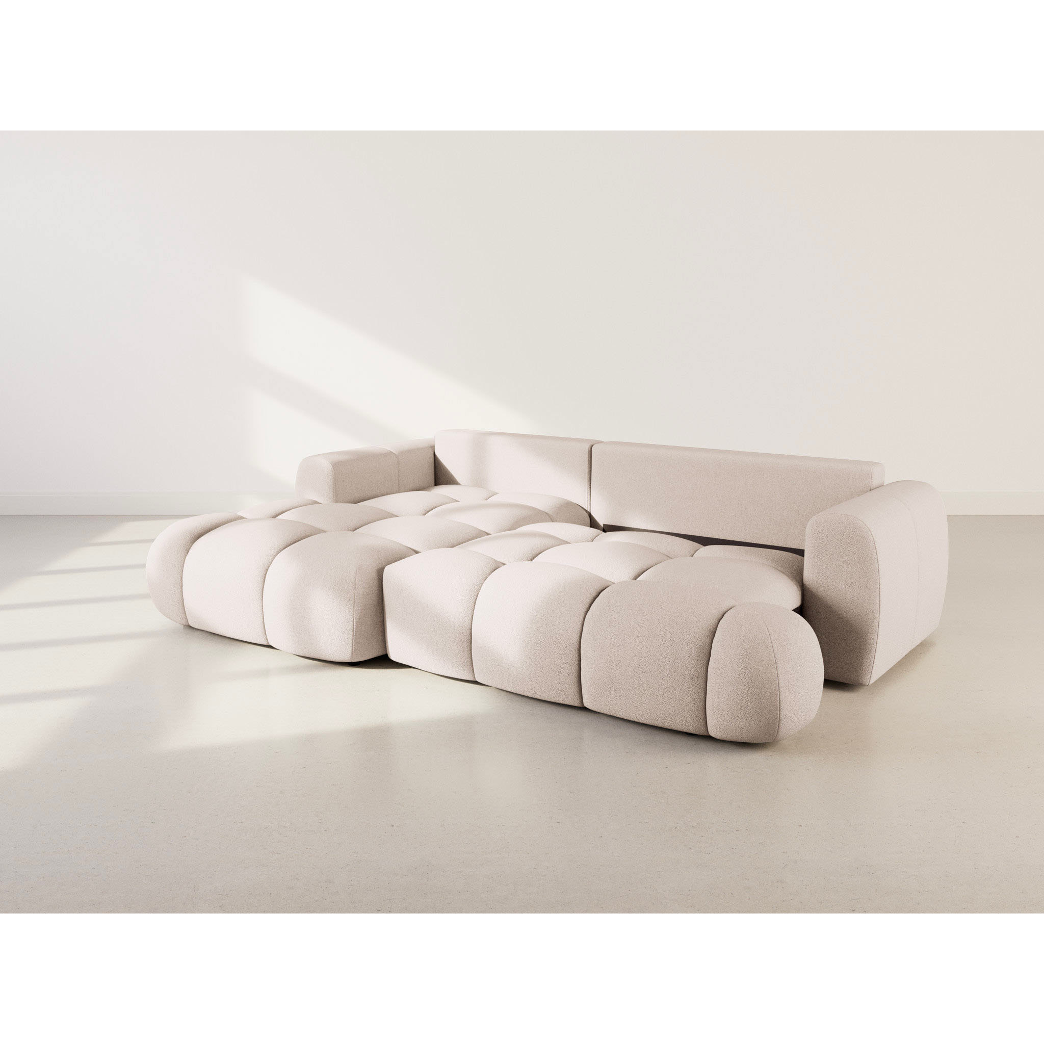 Yulin - Canapé d'angle gauche 4 places convertible avec coffre en tissu bouclette - Beige