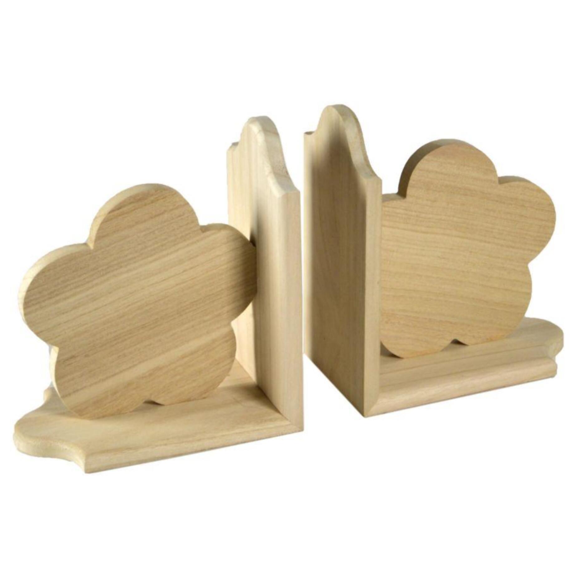 Coppia di reggilibri in legno con fiore cm19x17x19