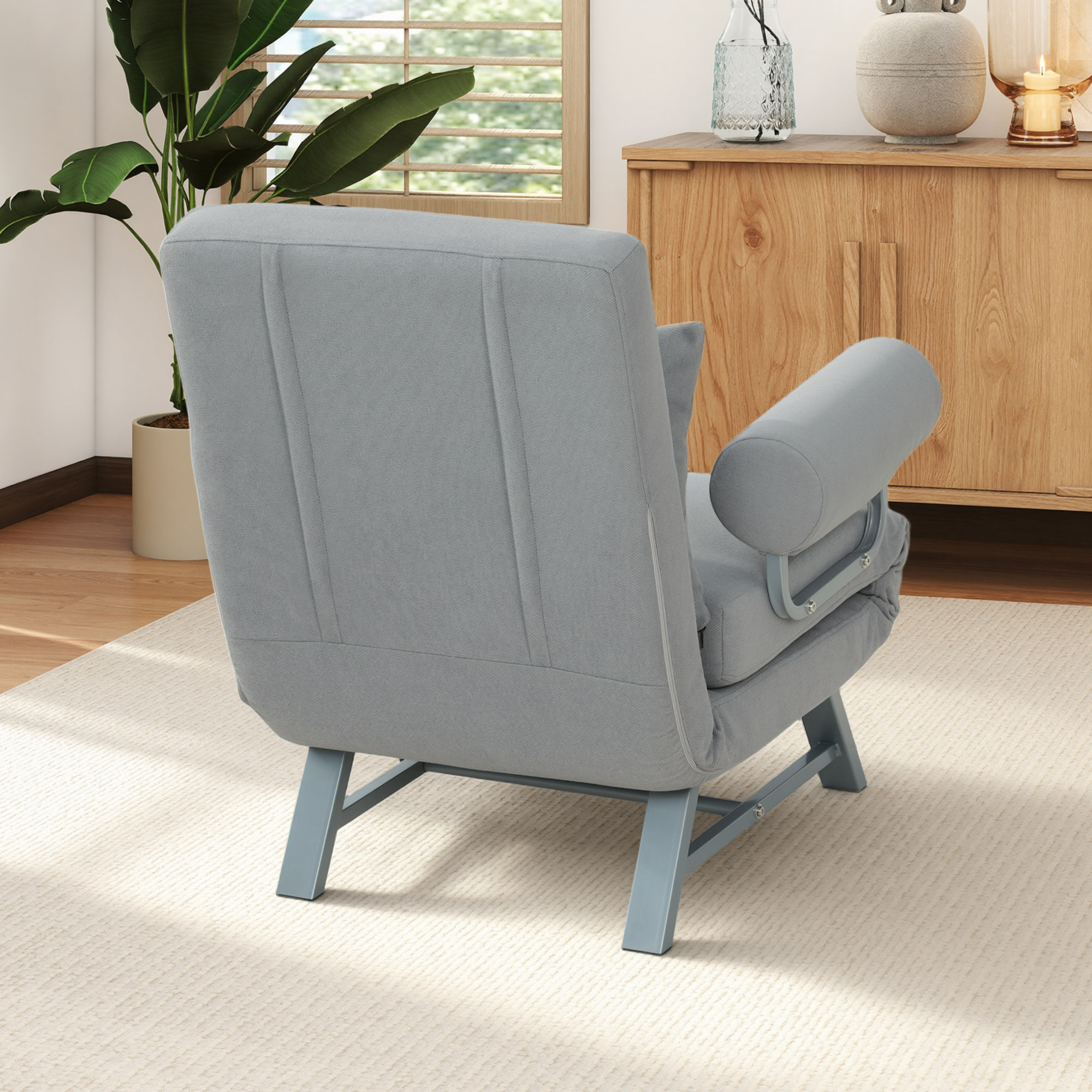 Fauteuil chauffeuse convertible inclinable coussin lombaires accoudoirs piètement métal lin gris clair