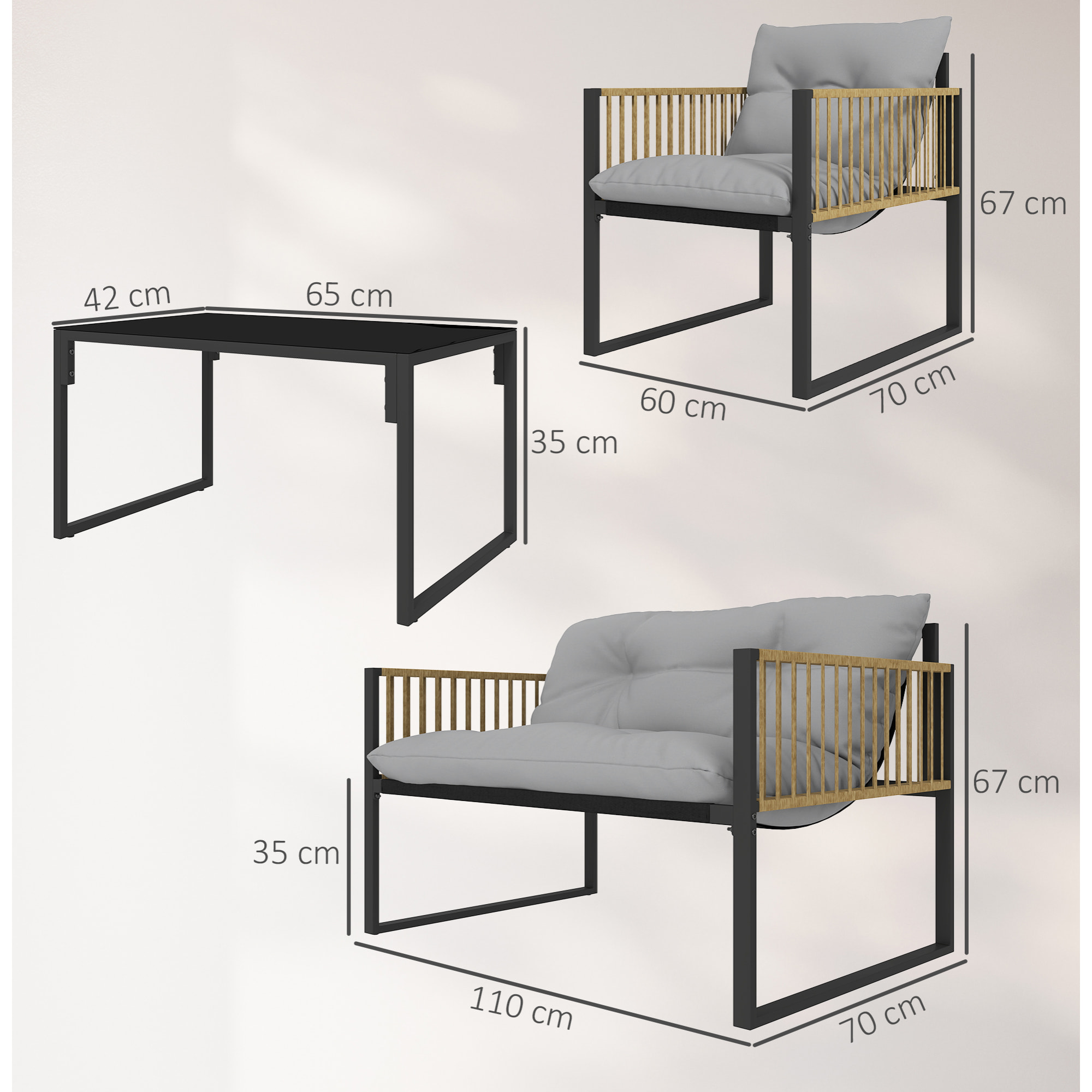 Conjunto de Jardín Exterior de Ratán Sintético de 4 Piezas Muebles de Jardín Exterior Incluye Sofá de 2 Plazas 2 Sillones 1 Mesa de Centro de Vidrio con Cojines Gris y Natural