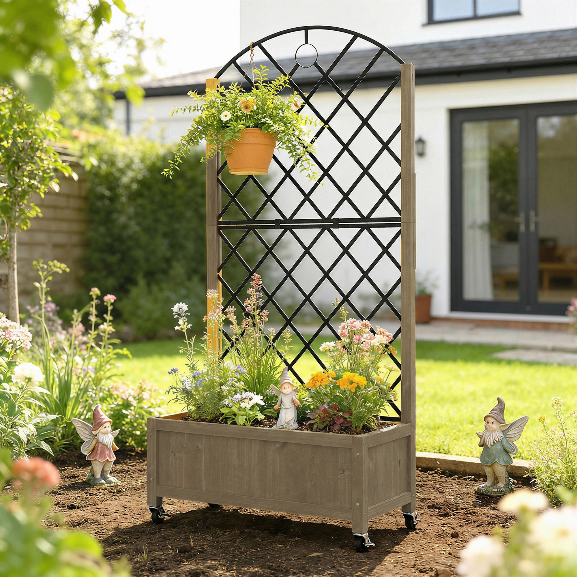 Jardinera de Madera con Enrejado Metálico y Ruedas, Jardinera Exterior Grande para Plantas Trepadoras, Macetero Elevado para Patio, Terraza, 72x36x168 cm, Carbonizado