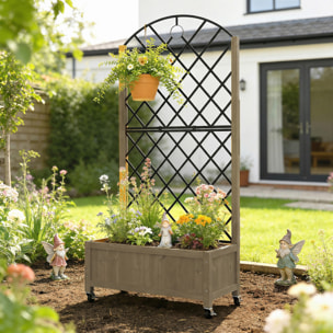 Jardinera de Madera con Enrejado Metálico y Ruedas, Jardinera Exterior Grande para Plantas Trepadoras, Macetero Elevado para Patio, Terraza, 72x36x168 cm, Carbonizado