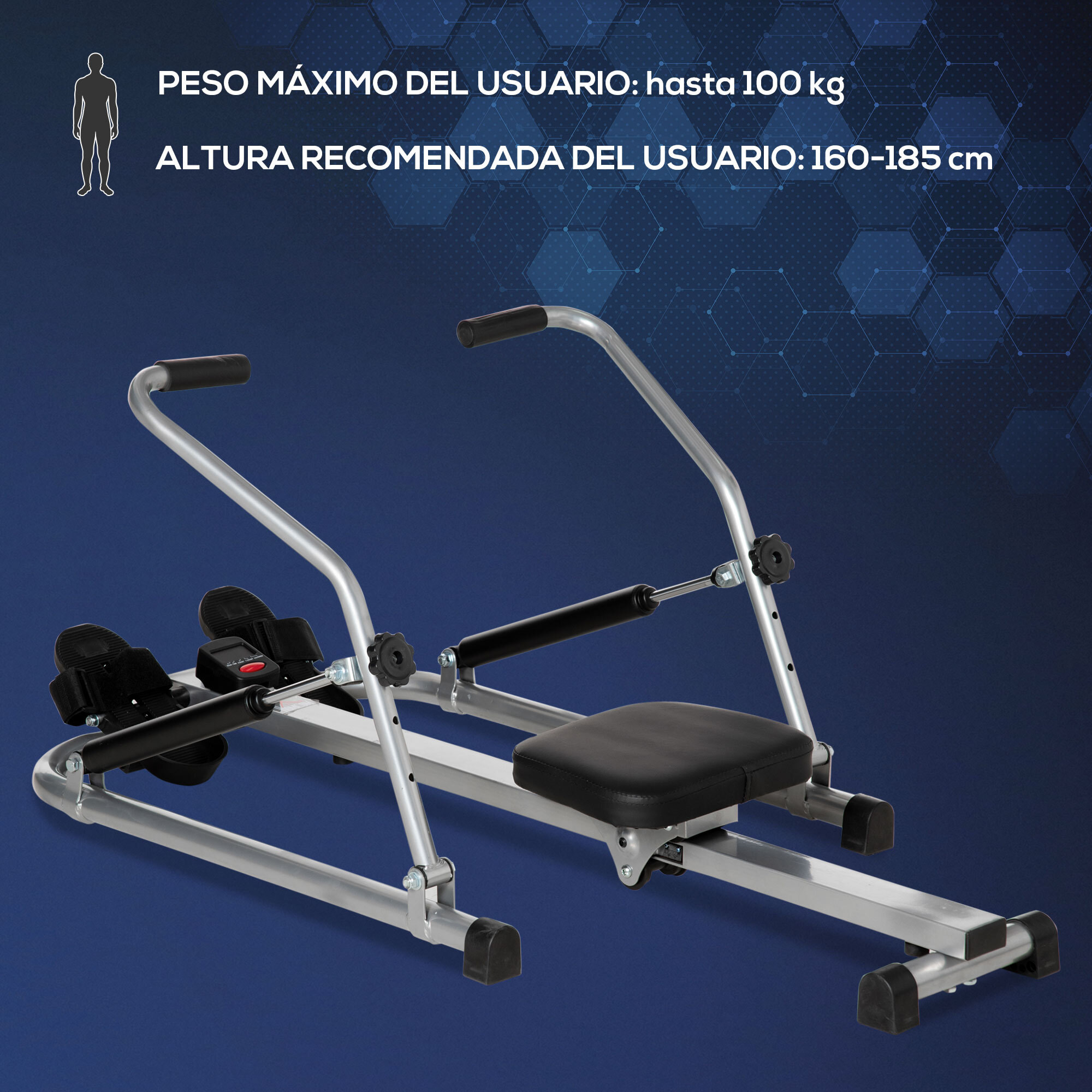 Máquina de Remo Hidráulico Plegable con 4 Niveles de Resistencia Monitor Digital y Pedal Antideslizante para Fitness en Casa Acero 129x70x70 cm Negro y Plata