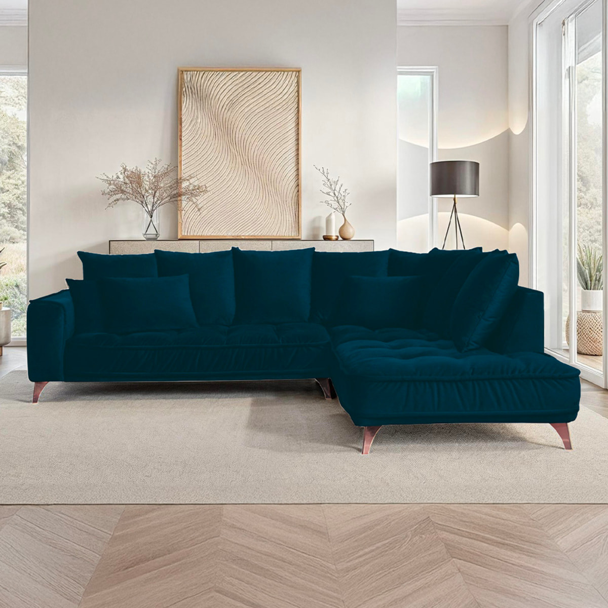 Canapé d'Angle Droit Velours Altamo, 4 Places, Housse Déhoussable, Style Scandinave