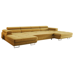 Ayden - Canapé panoramique en U 7 places convertible avec coffre et têtières réglables en tissu - Jaune