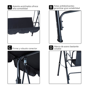 Columpio 3 Plazas con Toldo de Metal 172x110x152cm Negro