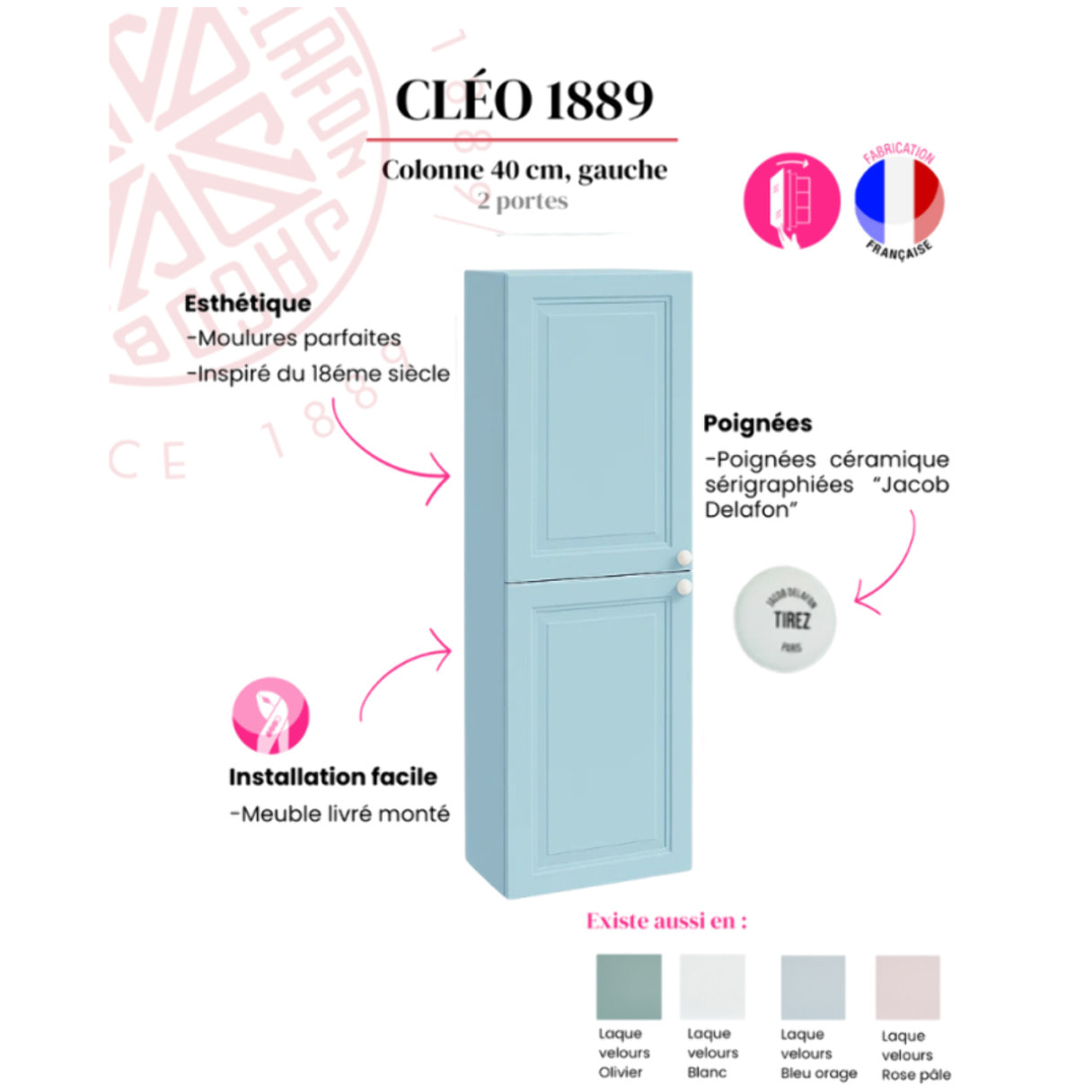 Pack meuble vasque 3 trous Cléo 1889 bleu velours + colonne gauche + mélangeur poignés chrome