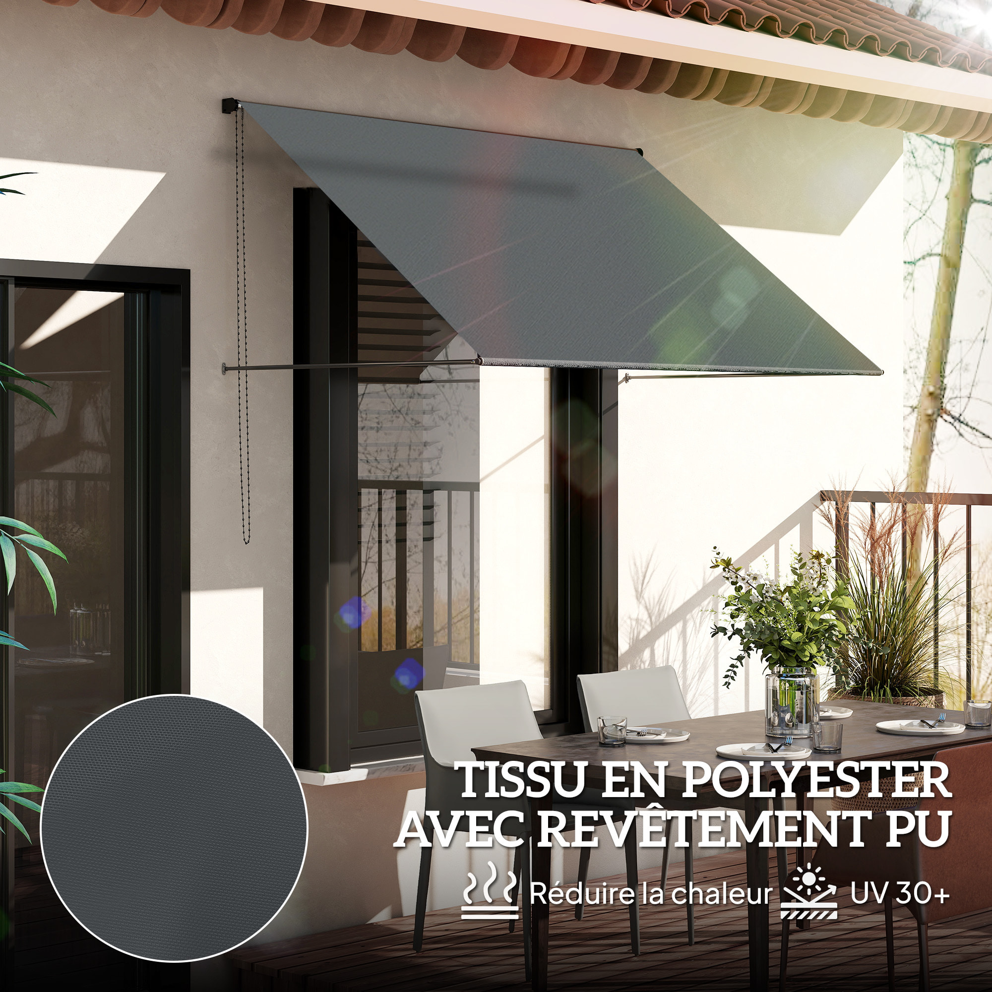 Store banne manuel inclinaison réglable acier alu. dim. 195L x 120l (avancée) cm polyester imperméabilisé anti-UV gris