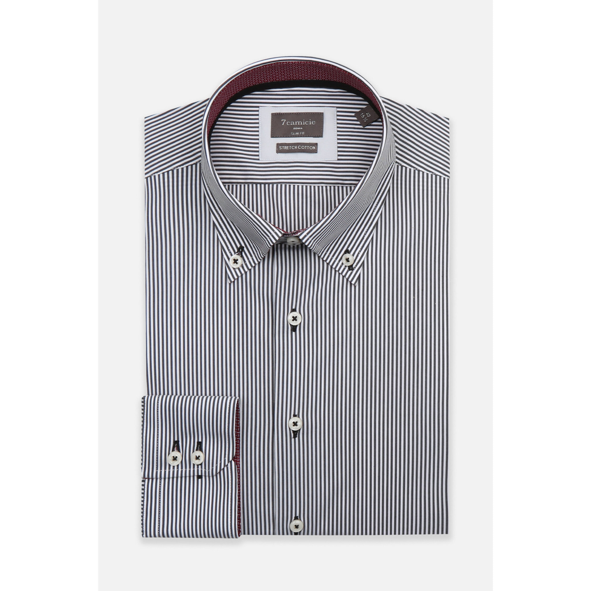 Camicia Uomo 2 Bottoni Button Down Slim Popeline Riga Media Bianco/Nero