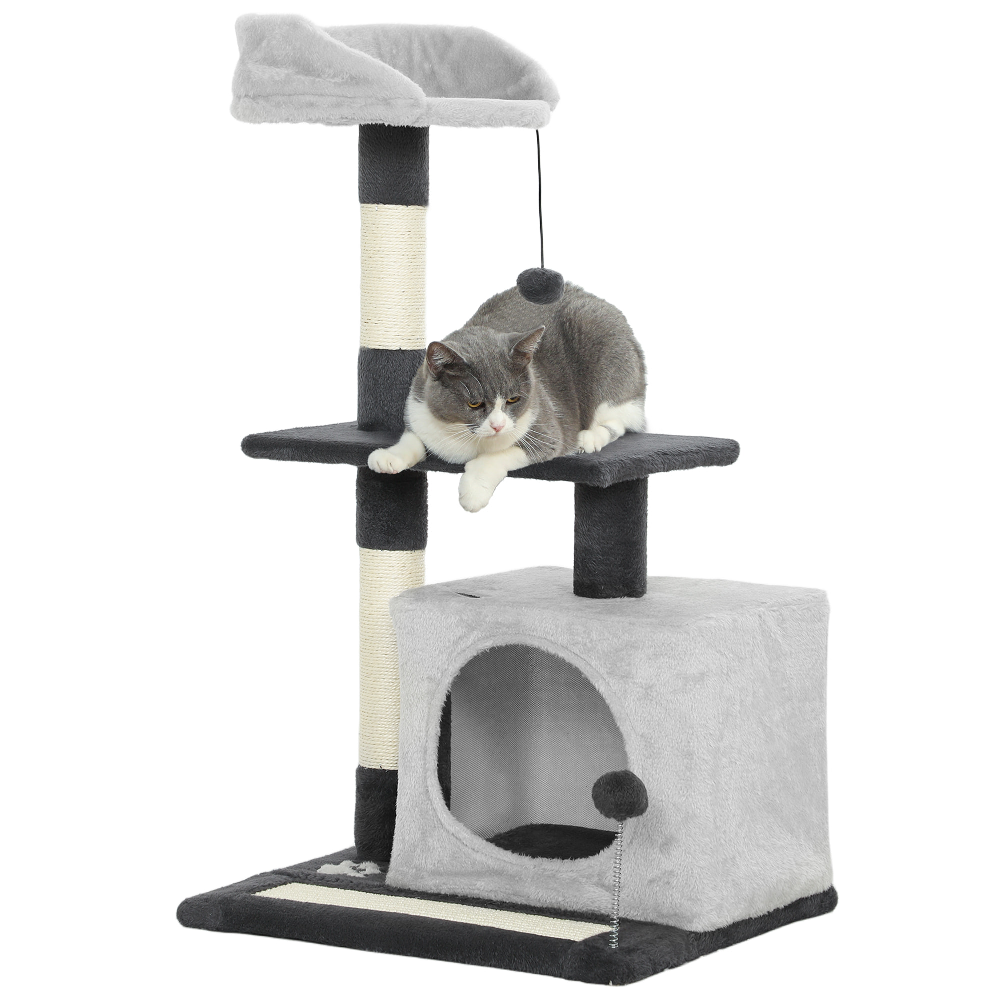 Árbol Rascador para Gatos, Árbol para Gatos 85 cm, Torre Escalador con Plataformas, Cueva, Postes Rascadores, Tapete de Sisal, Bolas, Gris Claro y Negro
