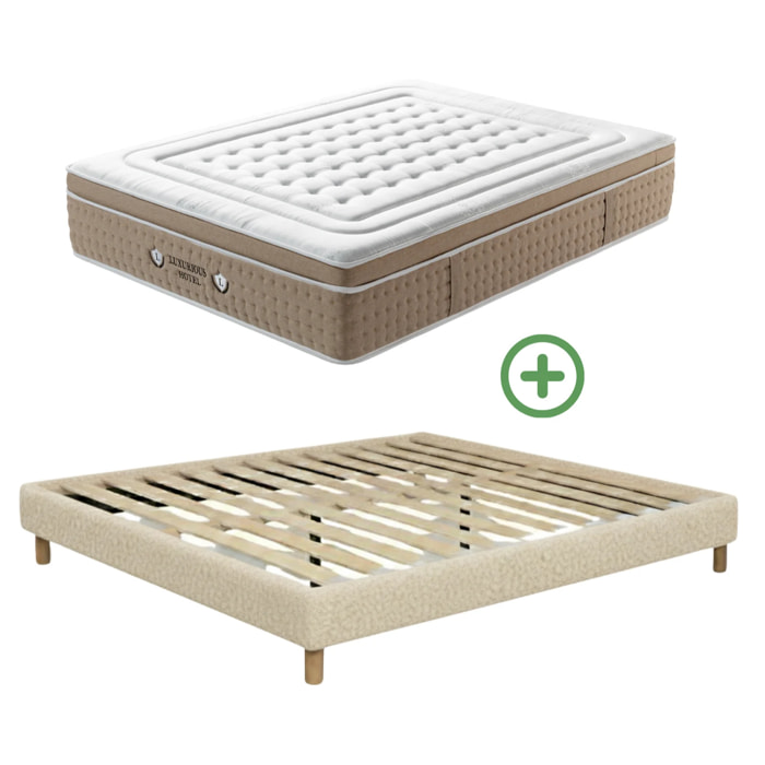 Ensemble matelas Bali & sommier Cancun | Mémoire de forme et ressorts ensachés | Cadre à lattes | Bouclette | Sable