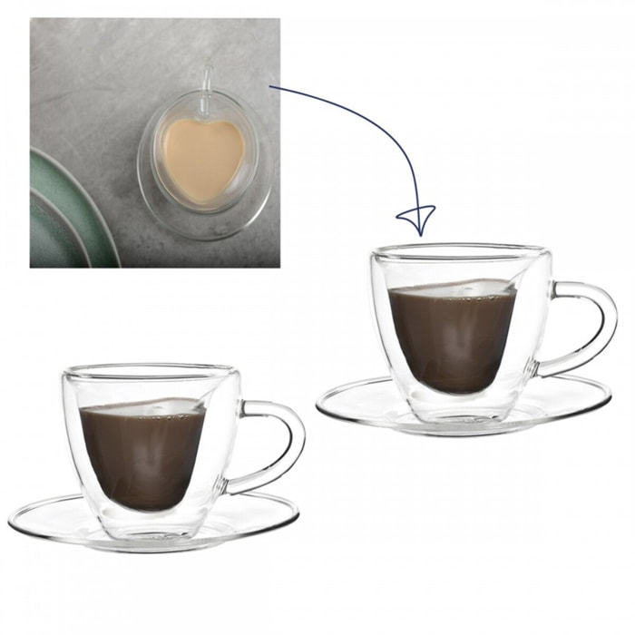 Tasses à café double paroi café en coeur 150ml - lot de 2