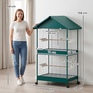 Cage à oiseaux mobile - volière grande taille - séparateur amovible - métal - 94x70x158 cm - vert