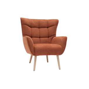 Fauteuil scandinave en tissu effet velours texturé terre brûlée et bois clair AVERY