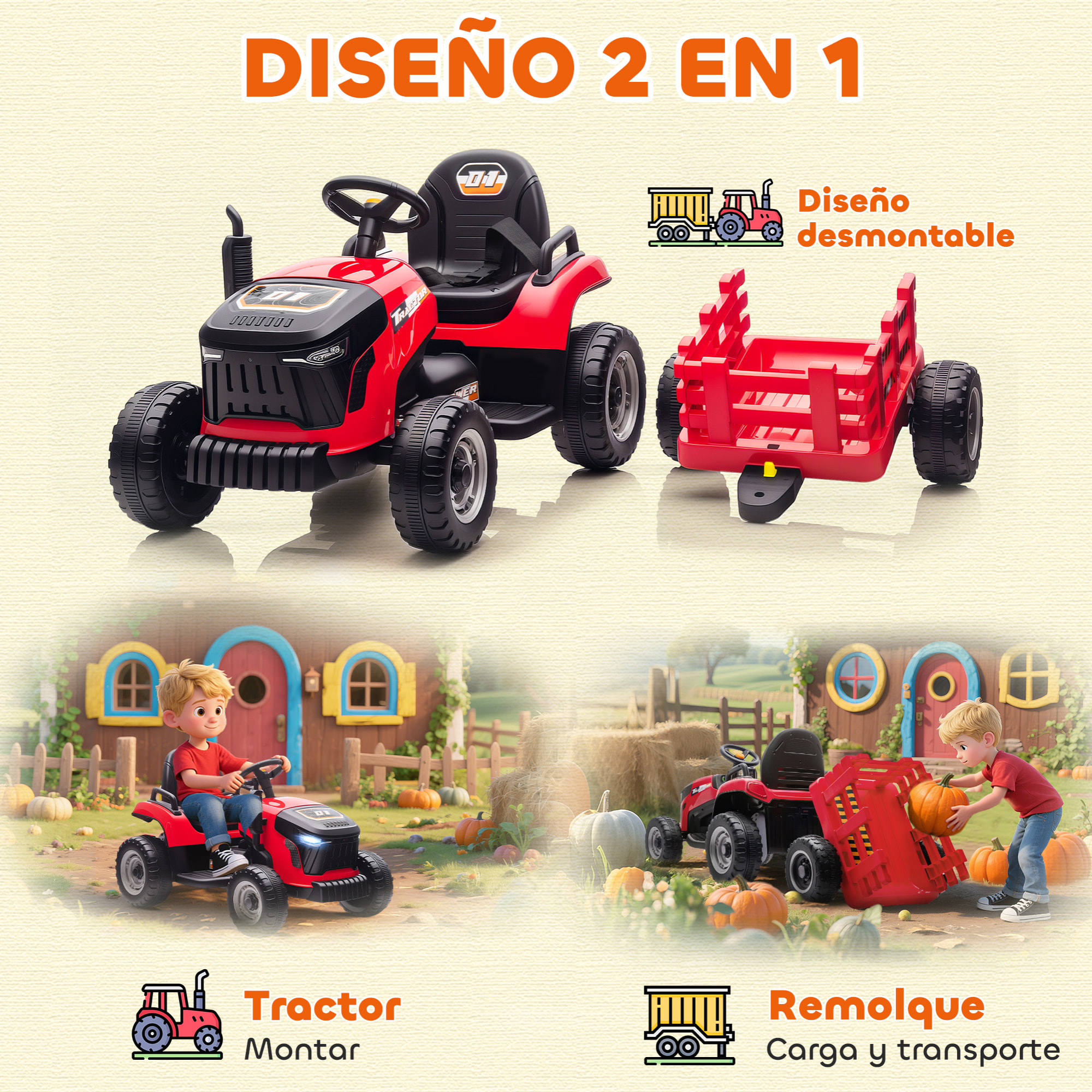 Tractor Eléctrico para Niños con Remolque Desmontable, Tractor de Juguete de Batería 12V, Velocidad 3-5 km/h, Control Remoto 2,4G, Música, Bocina, para Niños de 3-8 Años, Rojo