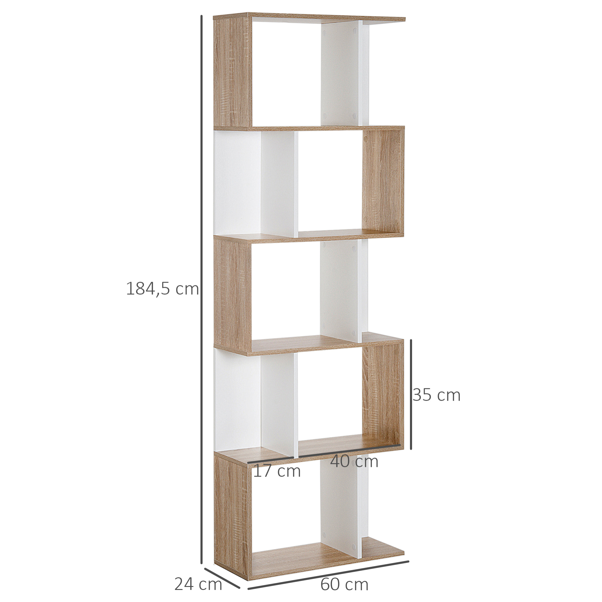 Estantería Librería 5 Estante Estantería Alta Pared Estante de Exposición Forma S Diseño Moderno para Salón Oficina 60x24x184.5cm Madera