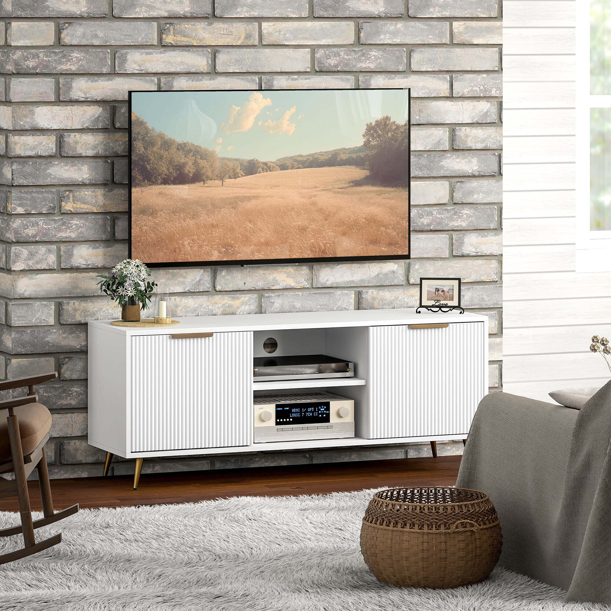 Mueble de TV Moderno Mueble de TV para Salón con 2 Compartimentos Abiertos y 2 Puertas Mueble para Televisión de 55 Pulgadas 120x35x48 cm Blanco