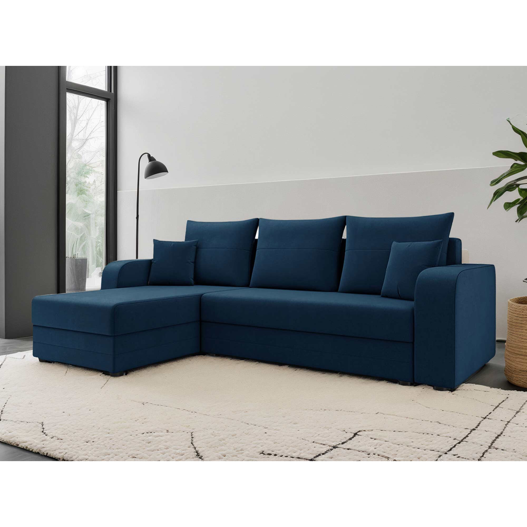 Harvey - Canapé d'angle réversible 4 places convertible avec coffre en velours - Bleu marine