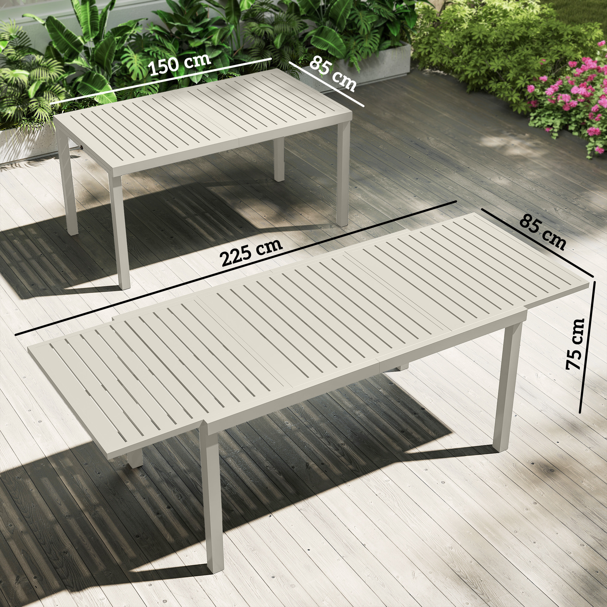Mesa de Jardín Extensible 150/225x85x75 cm, Mesa de Comedor Exterior Extensible Rectangular de Aluminio, con Tablero de Listones para 6-8 Personas, para Patio, Terraza, Blanco