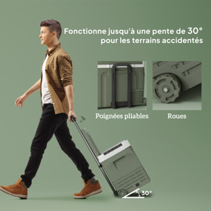 Glacière électrique portable 40L modes ECO/MAX -20°C-20°C poignée télescopique alimentation AC/DC vert