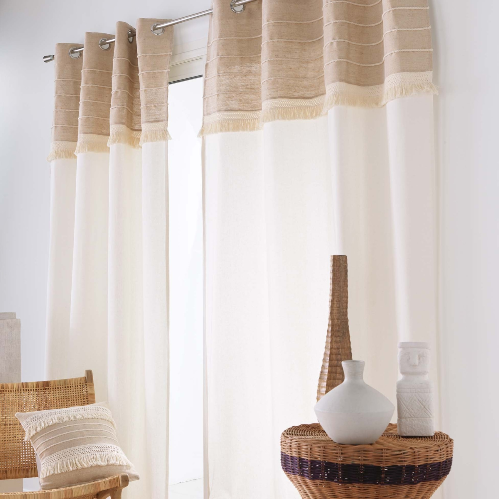 Rideau à œillets en poly-coton et jute avec bande structurée - Naturel