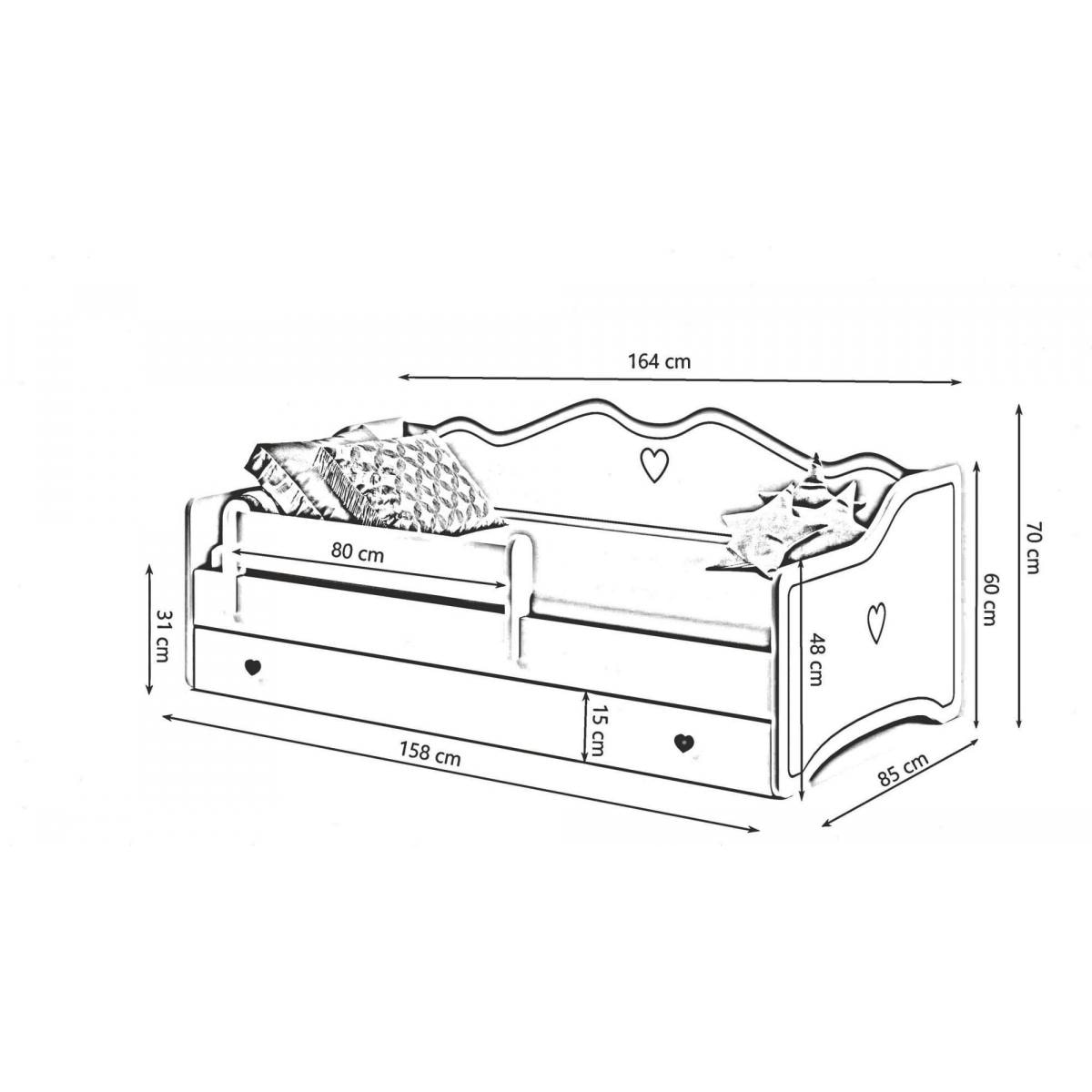 Letto singolo per bambini decorato, Lettino decorato con cassettone e protezione anticaduta per cameretta, cm 164x85h70, colore Bianco e Rosa