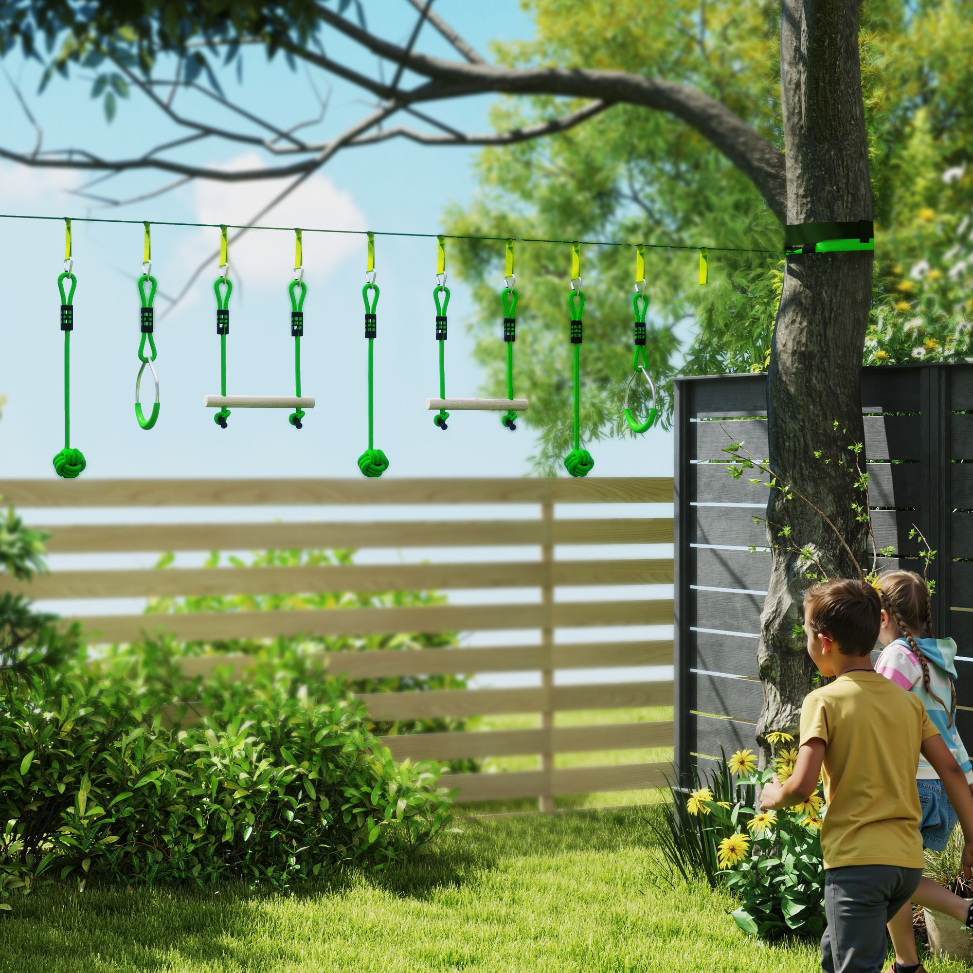 Tyrolienne enfant 10m max. 50Kg - kit complet - nombreux accessoires - vert
