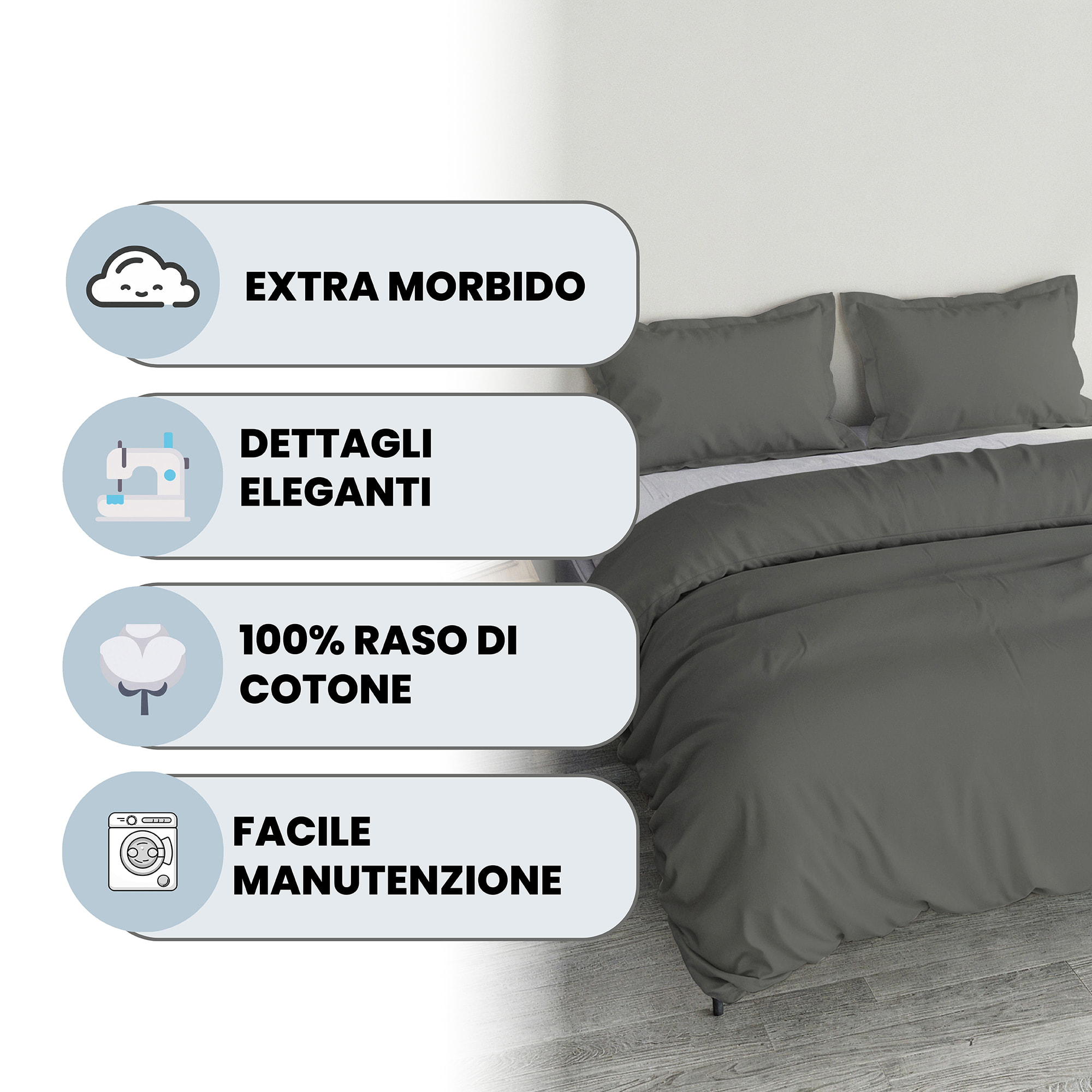 PARURE COPRIPIUMINO RASO CLOE, 100% Raso di Cotone, Made in Italy - FUMO