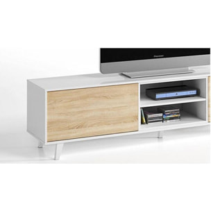 Parete attrezzata Buffalo, Mobile da soggiorno porta TV, Composizione per salotto con pensile, cm 180x41h51, Bianco e Rovere