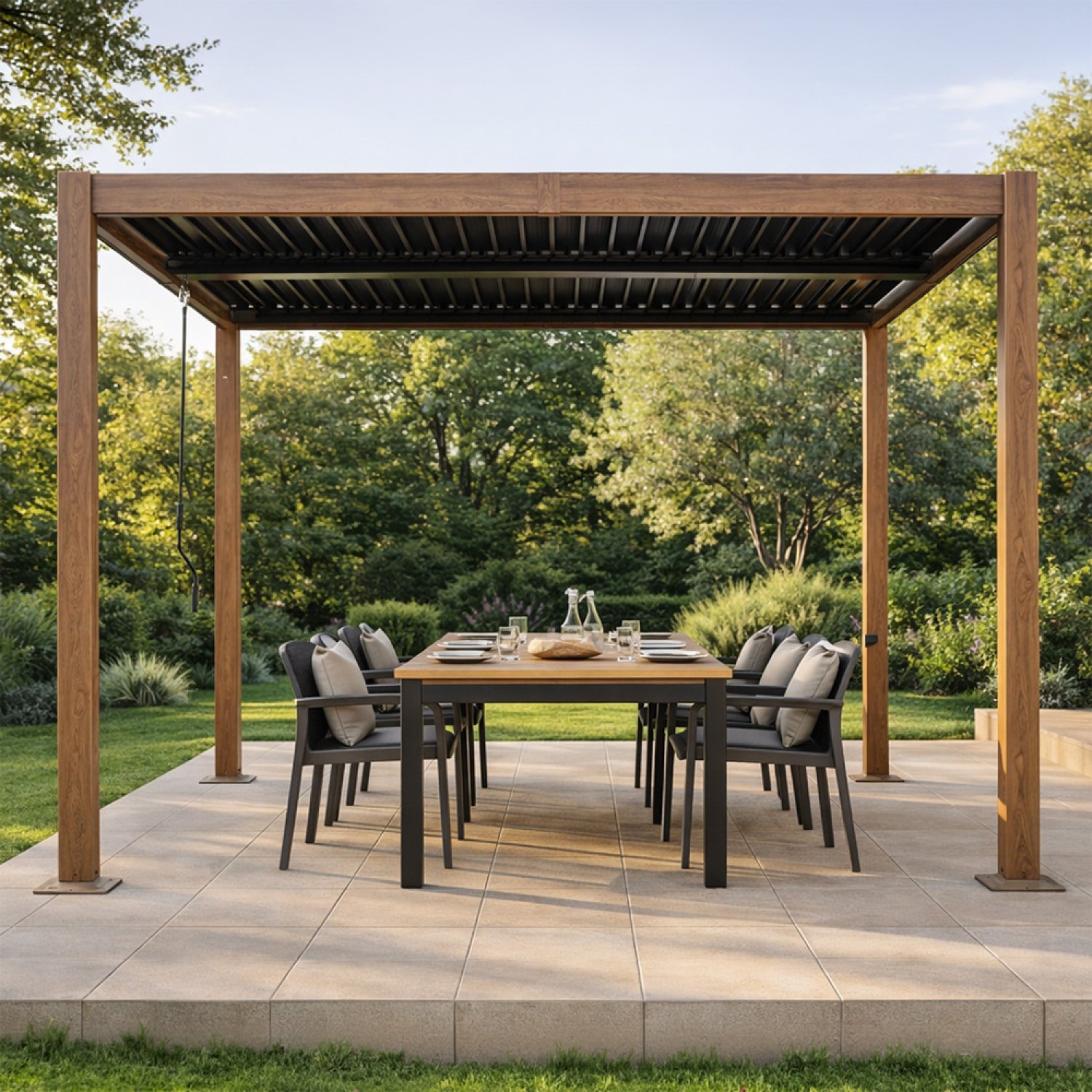Pergola bioclimatique effet bois structure et lames orientables en aluminium 3x3m SOPRON