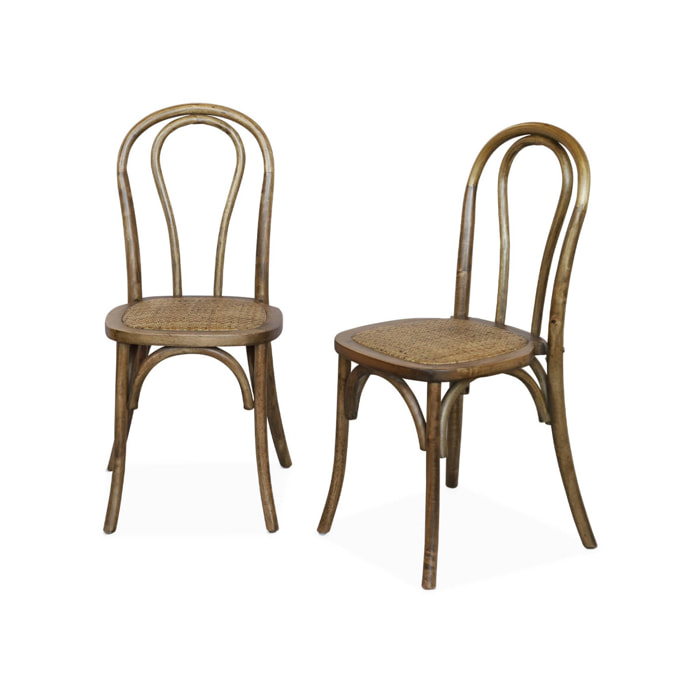 Lot de deux chaises vintage en bois avec assise en rotin et dossier arrondi coloris marron vieilli