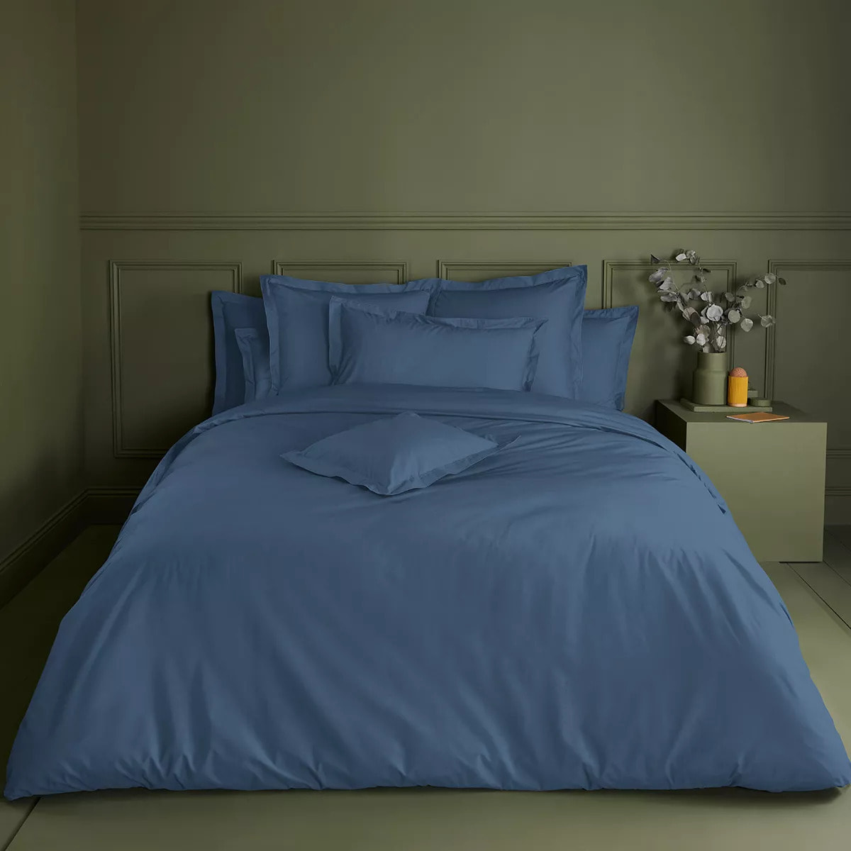 Housse de couette percale de coton uni bleu Giulia denim