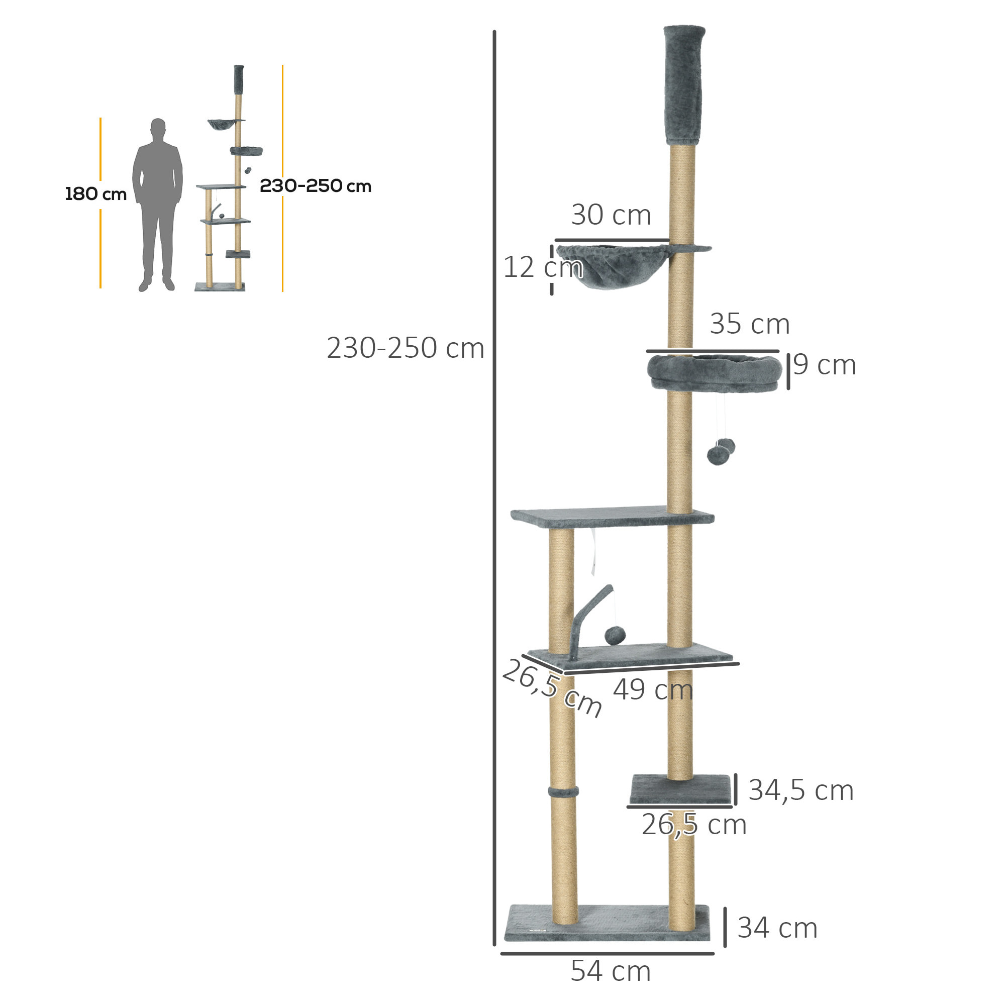 Árbol para Gatos de Suelo a Techo de 230-250 cm Árbol Rascador para Gatos con Altura Ajustable Múltiples Plataformas Cestos Hamaca Bolas Colgantes Gris