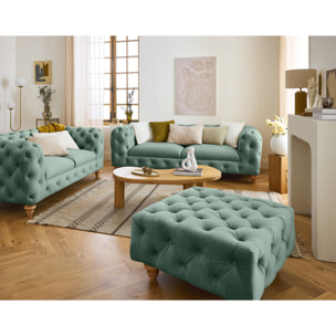 Walter - canapé 2 places chesterfield en velours - pieds bois - Bleu