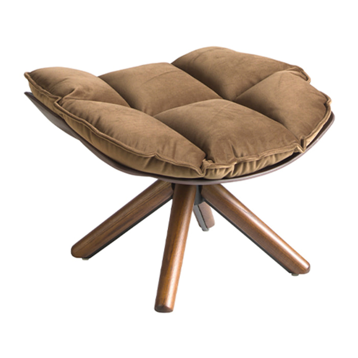 Ottoman tapizado en tela aterciopelada en marrón con estructura de patas de madera en nogal 69x54x41cm