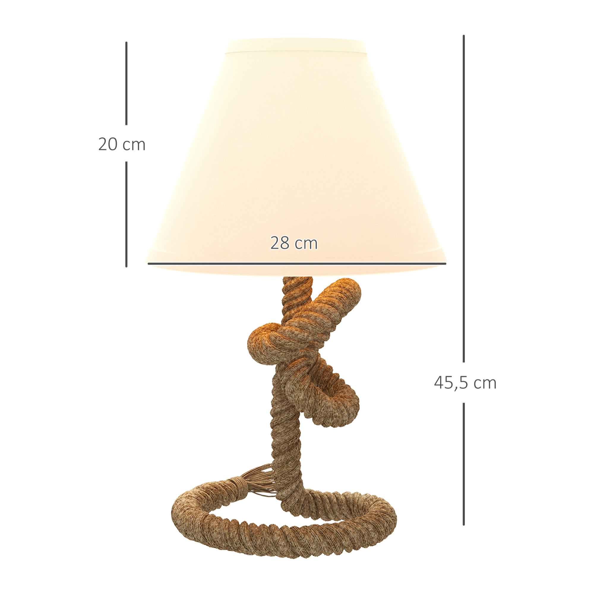 Lámpara de Mesa LED Lámpara de Mesita de Noche con Base de Metal Cuerda de Lino y Pantalla de Tela Bombilla E27 de Max.40W Luces de Blanco Cálido para Dormitorio Ø28x45,5cm Marrón y Beige